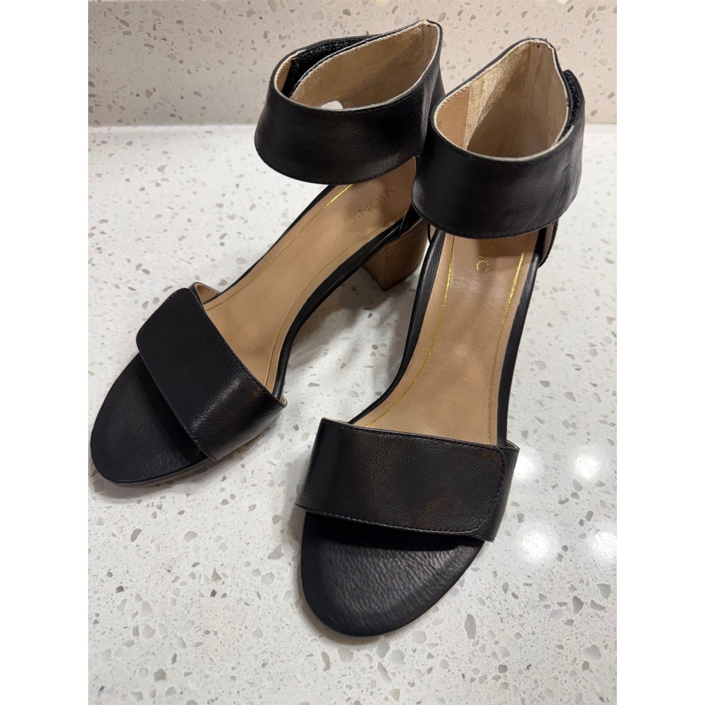 Vionic Solana Block Heel Sandal Womens 10 Black EUC Leather Orthotic Hook loop